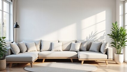 Stylish Scandinavian-inspired living room with minimal modern furniture, neutral tones, wooden flooring, cozy textures, natural light