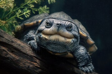Cute turtle smiling peacefully while resting on a wooden log, surrounded by aquatic plants in a tranquil underwater setting