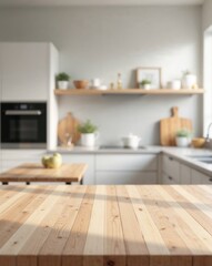 Empty wooden kitchen table with blurred modern kitchen in background. Natural light, Photorealistic mockup for product or food display