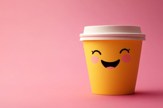 Happy coffee cup with smiling face against bright pink background in cheerful setting