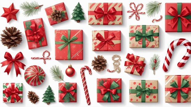 Festive Christmas gifts, pinecones, and candy canes create a cheerful holiday season scene, perfect for gift guides, seasonal promotions, and capturing the joy of giving and receiving presents