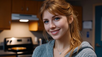 housing crisis, American dream, A young woman with red hair smiles warmly in a cozy kitchen, wearing a gray sweater and a delicate necklace.