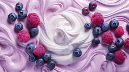 Dessert creation featuring whipped cream swirled with fresh berries amidst vibrant purple and white background