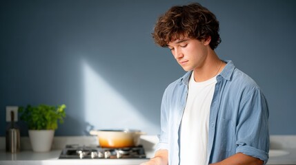 housing crisis, American dream, A young man stands thoughtfully in a modern kitchen, wearing a light blue shirt over a white tee, with potted plants and a stove in the background.