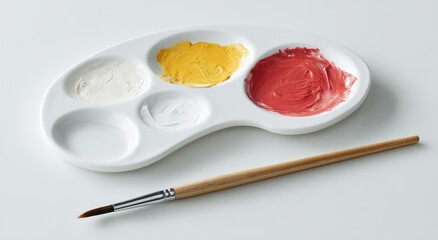 White ceramic paint palette with yellow, white, and red paint, beside a paintbrush