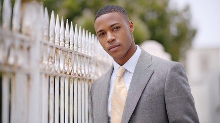 housing crisis, American dream, A young man in a gray checked suit and pale yellow tie leans against a white ornate metal fence outdoors, looking confidently at the camera.