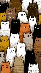 Colorful collection of cartoon cats featuring various expressions and patterns in a playful arrangement