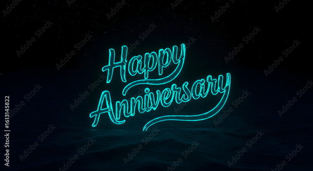 Poster happy anniversary neon text display on dark background with subtle textured surface. generic anniver