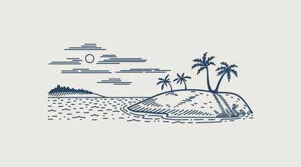 Tropical island sunset with palm trees, minimalist ocean view. Vector line art sun and clouds in the sky.
