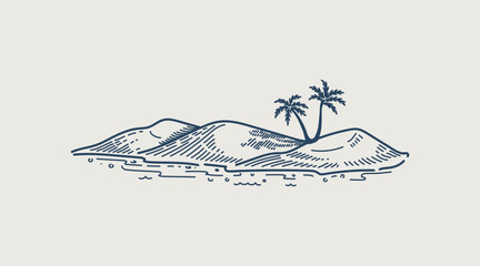 Desert island with palm trees, minimalist ocean beach illustration.
Vector line art. Three hills, two palm trees