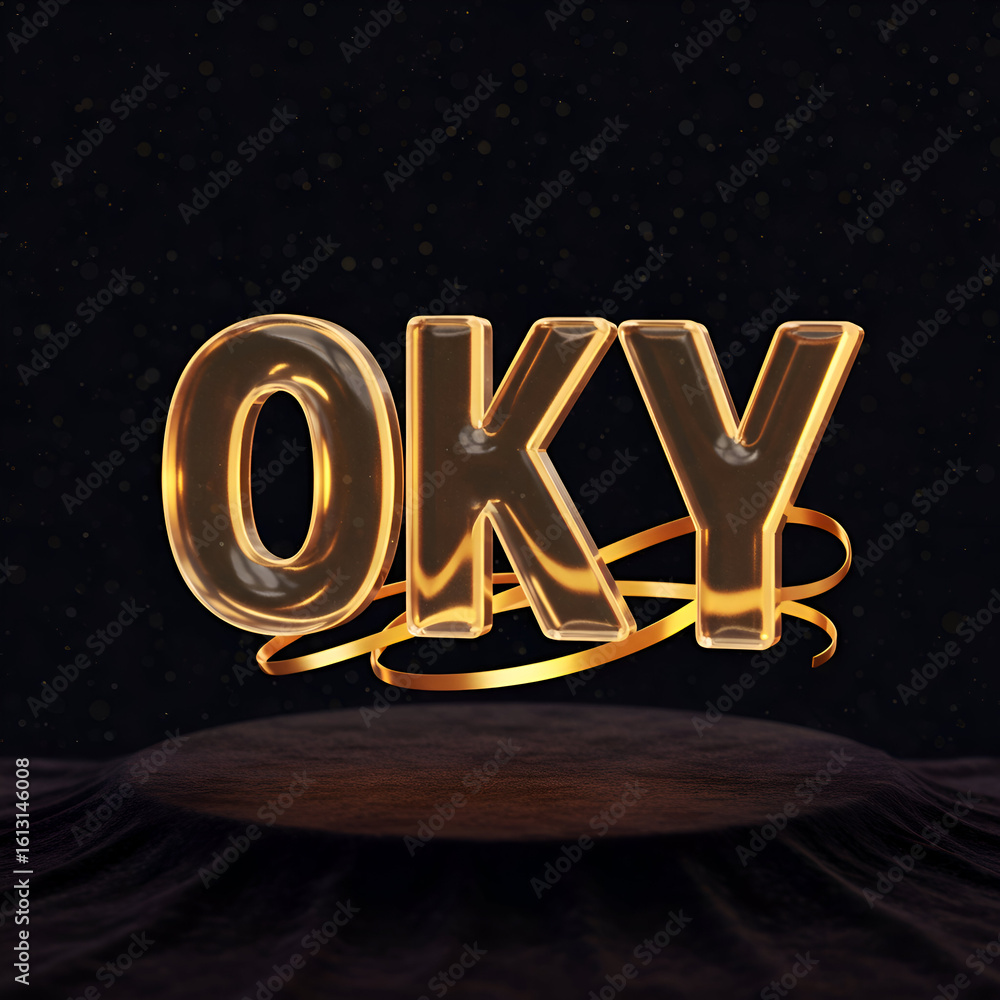 Poster golden translucent 3d text oky with gold ribbon accents floating on a dark textured podium. modern g
