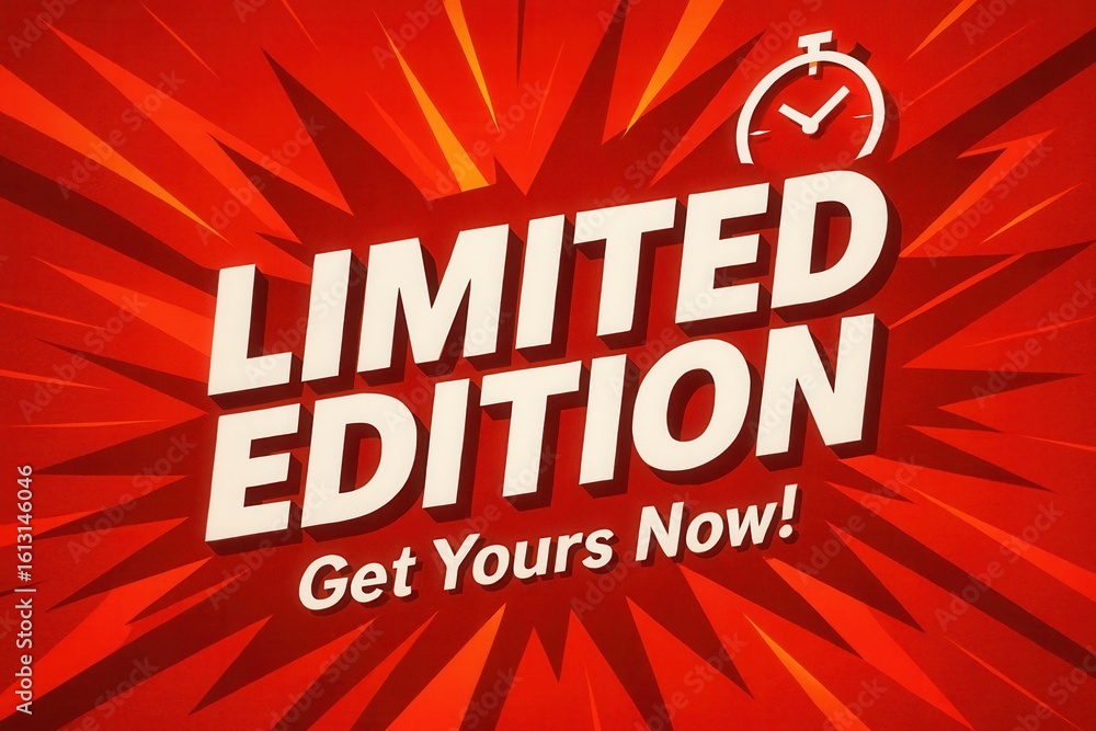 Poster bold red promotional graphic with dynamic bursts and a clock icon highlighting the phrase 