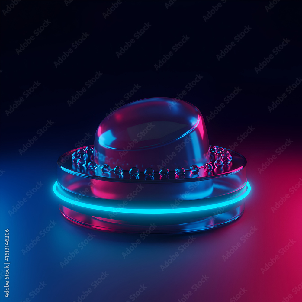Poster futuristic, abstract, glossy object design with vibrant neon lighting. modern, sleek, and reflective