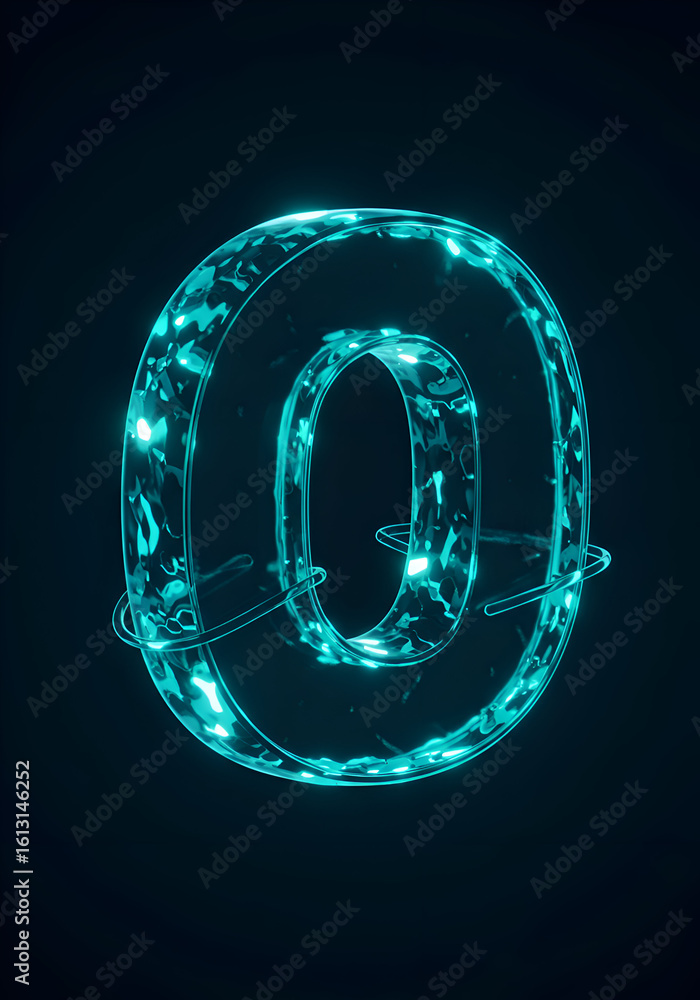 Poster glowing turquoise number zero with abstract design in a studio setting. digit presented in a dynamic