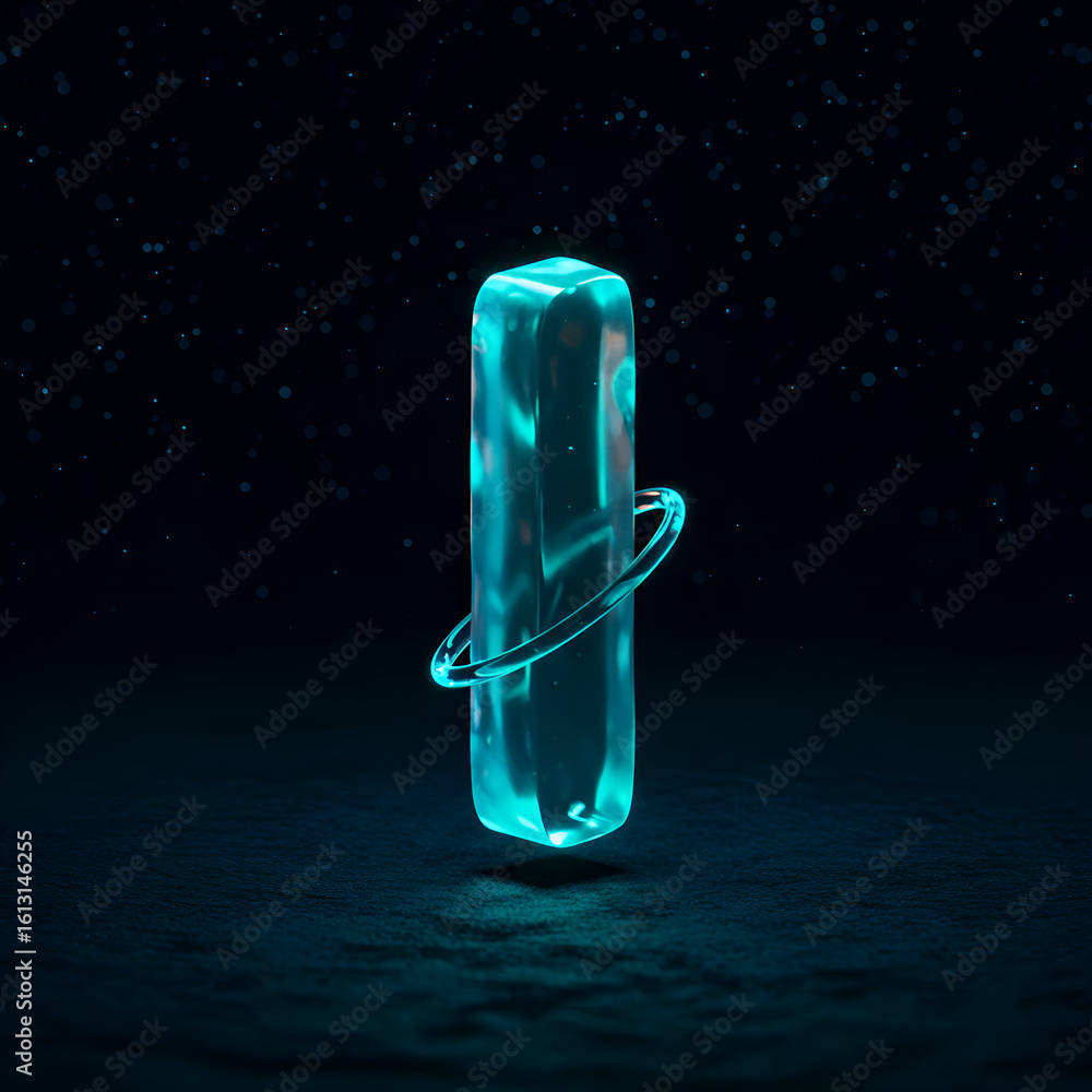 Poster abstract glowing teal crystal pillar with orbiting ring in dark space. intricate 3d design with futu
