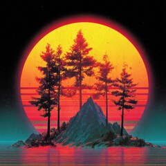 Vibrant sunset over a mountain with silhouettes of pine trees beside the water
