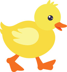 A cheerful yellow duckling takes its first steps, showcasing its fluffy feathers and bright orange feet.