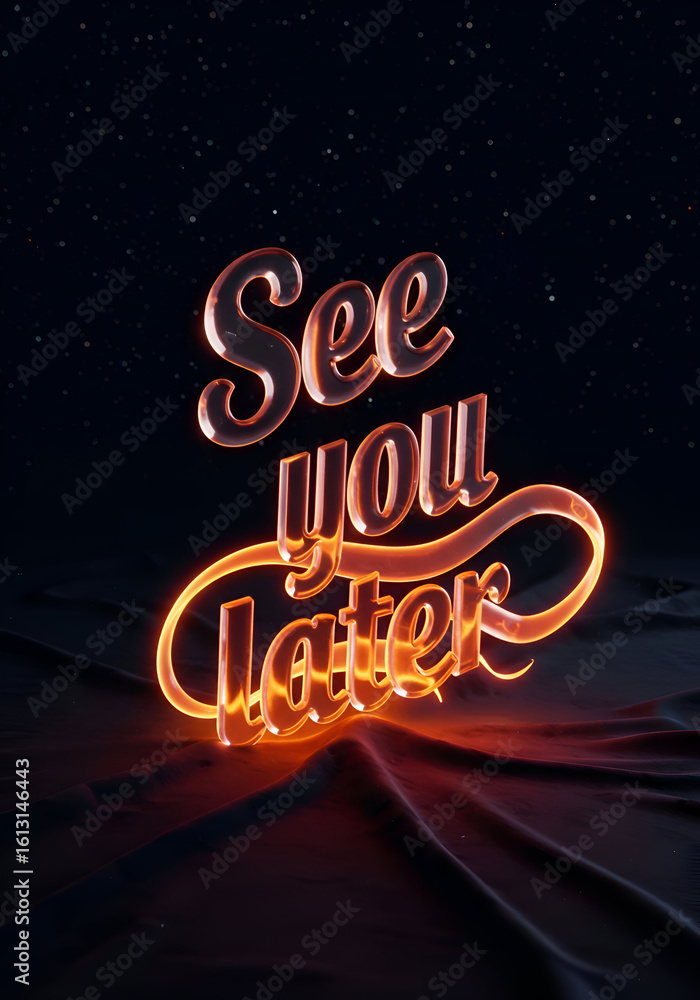 Poster neon see you later sign on dark draped fabric surface. illuminated text with glowing, abstract desig