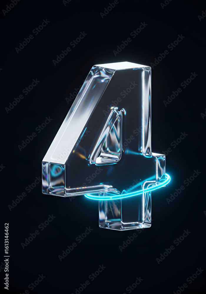 Aufkleber crystal clear number four illuminated with glowing teal line on a black background. abstract design 