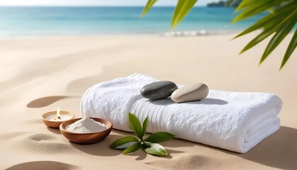 Tropical summer spa relaxation with white towels and green flowers on a sandy beach