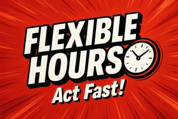 Bold promotional poster with the phrase "Flexible Hours, Act Fast!" on a vibrant red background, featuring a graphic of a clock illustrating urgency and adaptability.