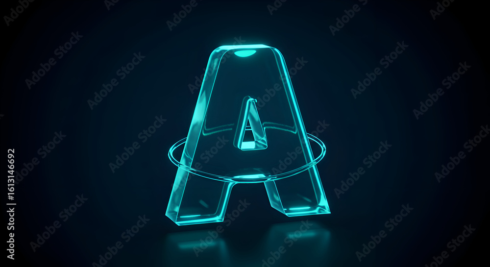 Poster glowing teal uppercase letter a with orbiting effect in dark studio setting. abstract design element