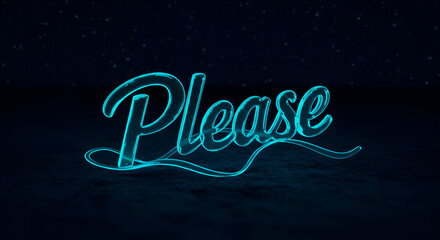 Neon turquoise Please text with a stylized, cursive font, displayed on a dark, textured surface. 3D graphic design, suitable for advertising or editorial use.