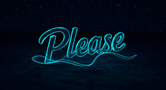 Neon turquoise Please text with a stylized, cursive font, displayed on a dark, textured surface. 3D graphic design, suitable for advertising or editorial use.