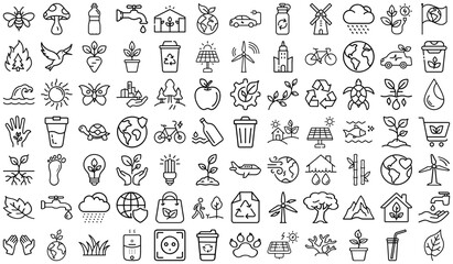 Eco icon set with sustainability, recycling, energy and nature symbols, environmental themes