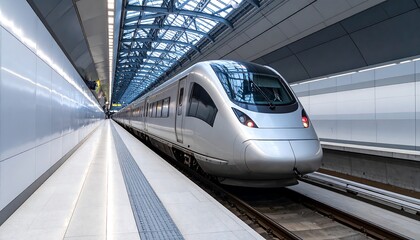 Modern train in a bright, modern station tunnel