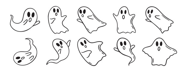 Naklejka na ściany i meble Cartoon haunted ghost Halloween doodle hand drawn icon set. Outline drawing cute ghost characters.