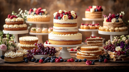 Delicious Two-Tiered Cake with Berries and Flowers, Surrounded by Assorted Pastries and Fresh Fruit on Rustic Wooden Table