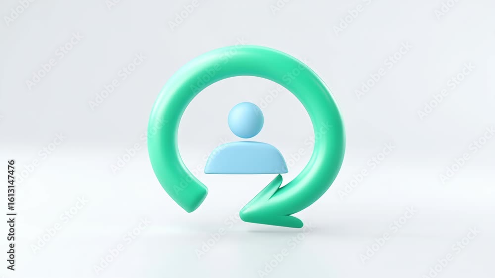 Poster user icon with a circular refresh symbol in soft blue and green tones.