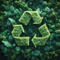 Green recycling symbol made of lush foliage in a vibrant forest setting during daylight hours