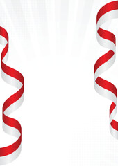 Red and White Wavy Ribbon Background with Sunburst Light Rays and Halftone Effect
