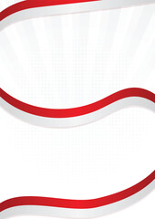 Red and White Wavy Ribbon Background with Sunburst Light Rays and Halftone Effect