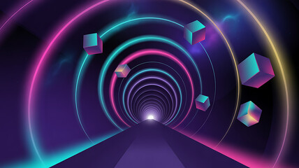 
A vibrant, futuristic tunnel with concentric neon rings in pink and teal, leading to a distant light, with floating iridescent cubes.