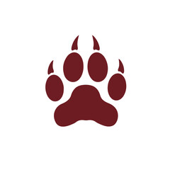 Leopard paw silhouette in dark red color on white background