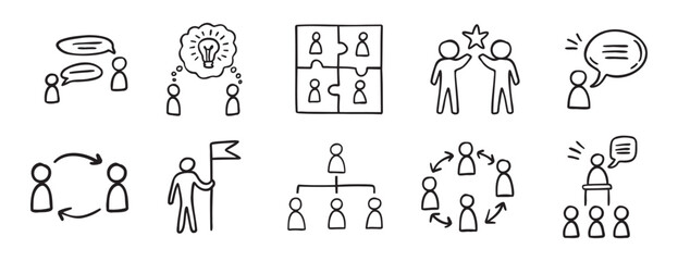 meeting team icon work team doodle hand drawn icon set. Outline drawing line clipart symbol collection