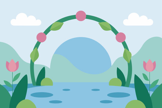 circular floral arch floating above a tranquil pon
