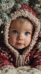 Baby in cozy knit sweater surrounded by holiday decorations during winter celebration