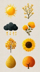 Bright autumn collection of sun, trees, and flowers with vibrant yellow and orange hues showcasing seasonal beauty