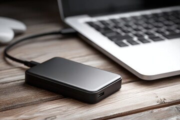 External hard drive connected to a laptop on a wooden surface
