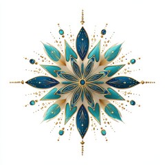 Intricate floral design featuring teal and gold elements displayed on a white background for artistic purposes