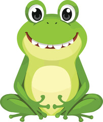 A cheerful, cartoon green frog sits smiling, showcasing large eyes and prominent teeth.
