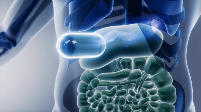 Capsule endoscope is shown inside the human digestive system with visible internal organs. Concept of medical innovation, internal diagnostics.