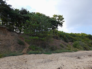 A coastal scene on Mersea Island with a sandy beach in the foreground and steep cliffs rising...