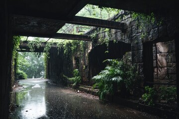 Rain-soaked, overgrown ruin tunnel