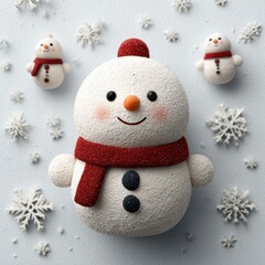 Cheerful snowman decorated with accessories surrounded by snowflakes in a winter setting
