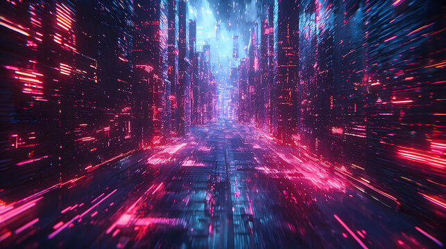 Abstract 3D Digital Cityscape: Neon Lights Speed Through Futuristic Streets at Night